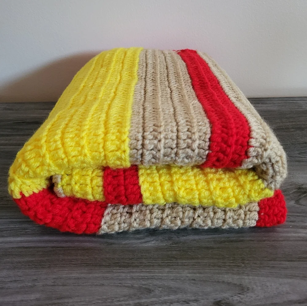 Vintage Hand Crocheted Colorful Striped Afghan/Baby Blanket, 1970s